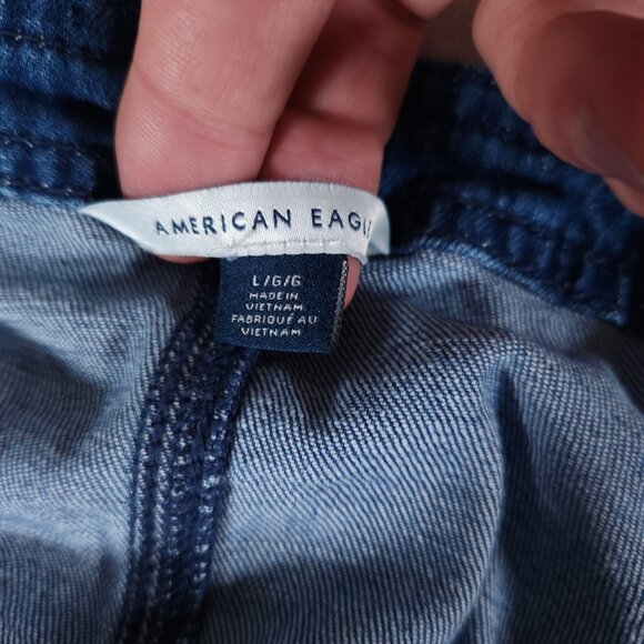 American Eagle Denim Jean Bib Skirt Dress Large Pockets Skirtall Overall Raw Hem - Picture 8 of 15